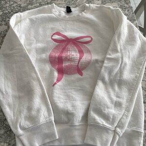 Gildan White Sweater with Pink Ribbon Disco Design